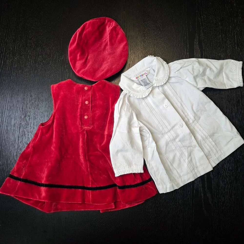 Vintage 1998 Gymboree Red Velvet Dress Set Beret Hat Blouse Infant 6-12 Months